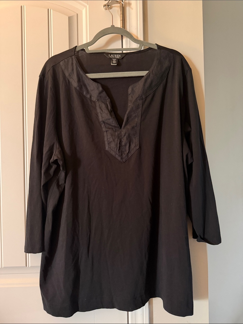 Lauren Ralph Lauren Plus Size Split-Neck Three-Quarter Sleeve linen cotton